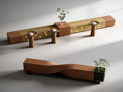 Modern Wooden Tree Planter Design With Long Curved Structure And Small Plants 3d model