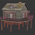 Rustic Wooden House on Stilts with Porch Sloped Roof and Chimney