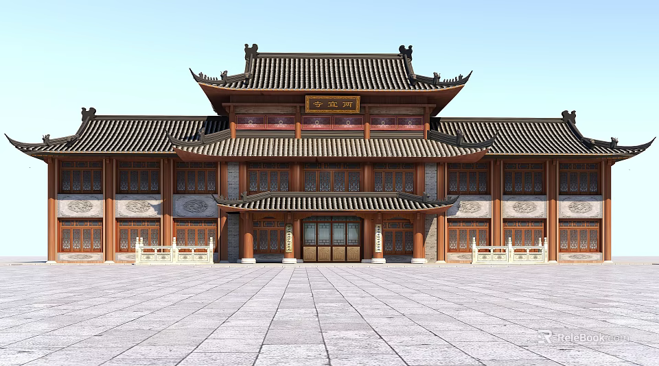 Traditional Chinese Ancient Architecture With Curved Black Tile Roofs Wooden Carvings And Stone Courtyard 3d model 