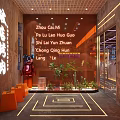 Modern Restaurant Interior Design With Warm Lighting Orange Stools And Customers At Bar Counter