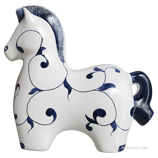 Ceramic Horse Figurine with White Body Blue Swirl Patterns and Leaf Designs 3d model 