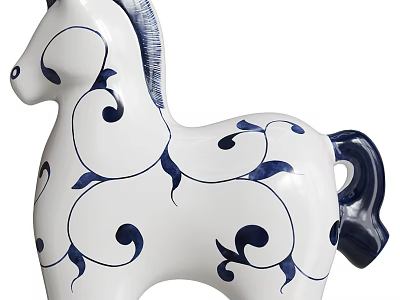 Ceramic Horse Figurine with White Body Blue Swirl Patterns and Leaf Designs 3d model