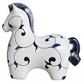 Ceramic Horse Figurine with White Body Blue Swirl Patterns and Leaf Designs