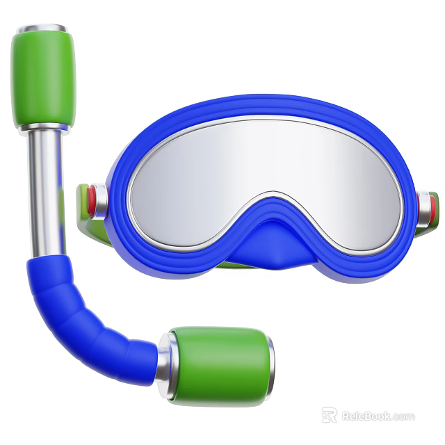 Industrial Diving Goggles And Snorkel With Blue Green Lenses And Metal Parts 3d model 