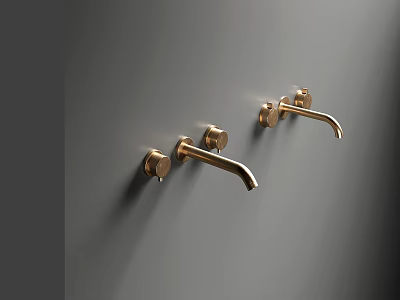 Two Golden Wall Mounted Faucets With Elegant Design On Grey Wall 3d model