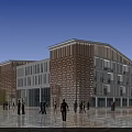 Modern School Building Exterior With Perforated Brown Facade And People In Plaza Area