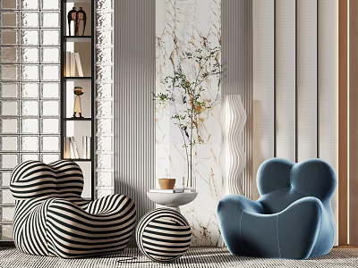 Modern Leisure Sofa Set With Black White Striped And Blue Armchairs And Round Table 3d model