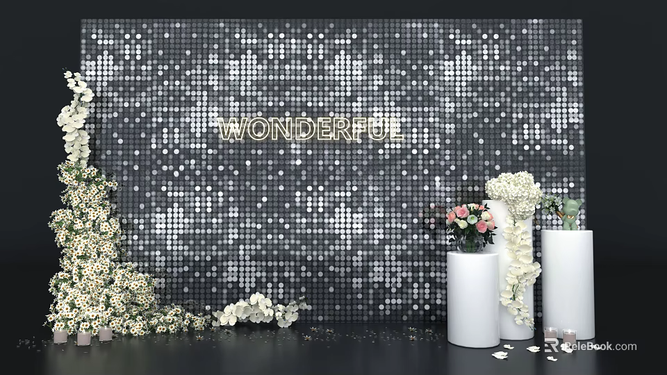 Black Sequin Mosaic Backdrop With Golden WONDERFUL Lettering White Flower Bouquets And Vases 3d model 
