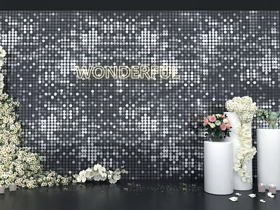 Black Sequin Mosaic Backdrop With Golden WONDERFUL Lettering White Flower Bouquets And Vases 3d model