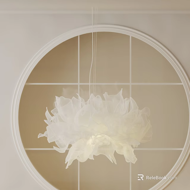 White Fluffy Chandelier with Petal Like Design hanging in Circular Frame against Light Colored Wall 3d model 