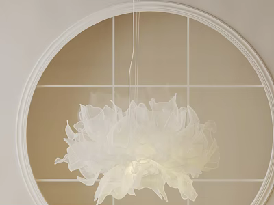 White Fluffy Chandelier with Petal Like Design hanging in Circular Frame against Light Colored Wall 3d model