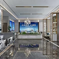Modern Sales Office Interior With Reception Desk Mountain Landscape Painting Marble Floor And Chandeliers