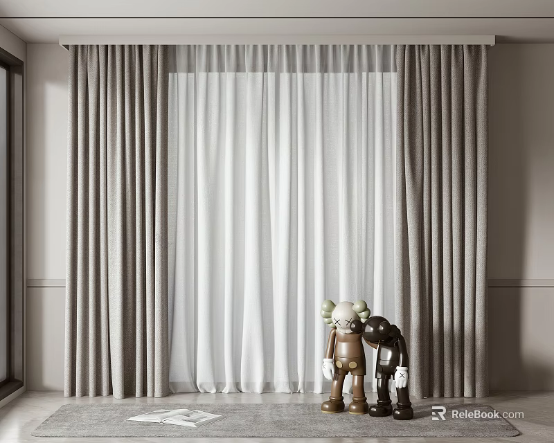 Modern Gray And White Double Layer Curtains Interior Design With Sheer Drapes 3d model 