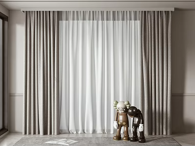 Modern Gray And White Double Layer Curtains Interior Design With Sheer Drapes 3d model
