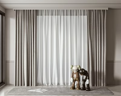 Modern Gray And White Double Layer Curtains Interior Design With Sheer Drapes 3d model
