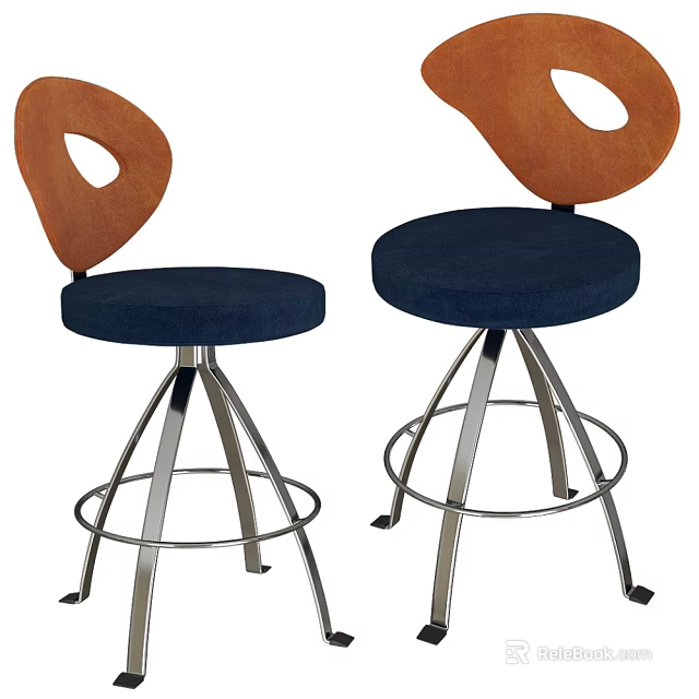 Leisure Swivel Bar Stools With Wooden Backrest Navy Blue Seat Cushion And Metal Frame 3d model 