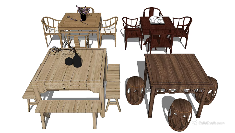 Various Wooden Dining Table Sets With Chairs Benches And Stools 3d model