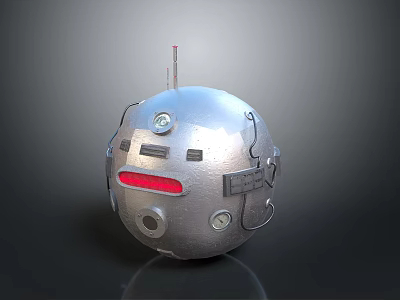 Detailed Metallic Robot Sphere Featuring Antenna Red Strip And Mechanical Components 3d model