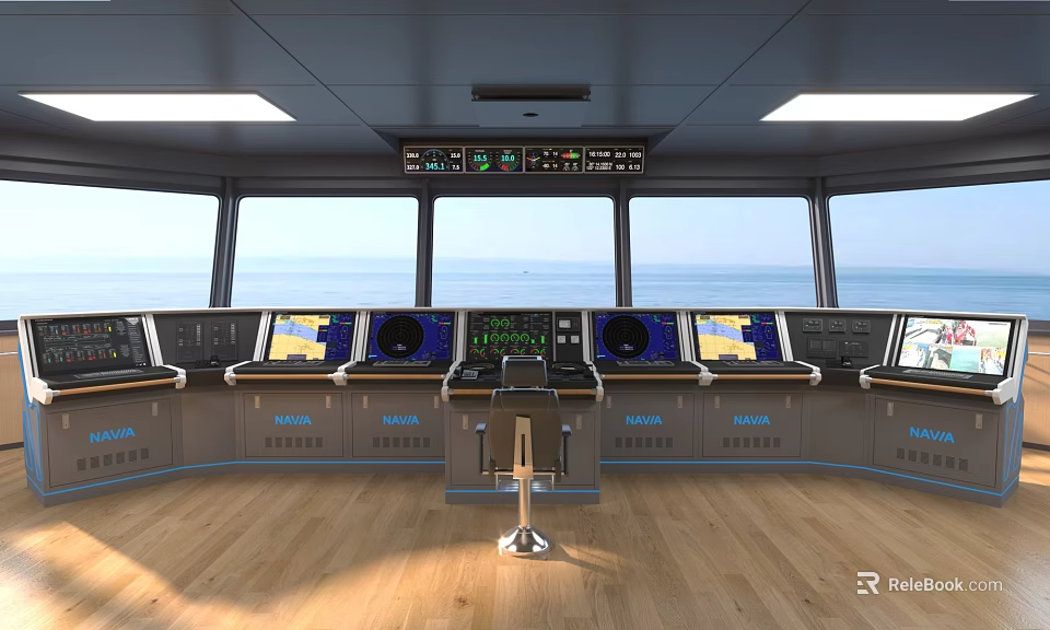 Modern Ship Bridge Interior With Navigation Control Panels Dashboards And Sea View 3d model 