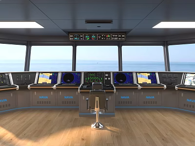 Modern Ship Bridge Interior With Navigation Control Panels Dashboards And Sea View 3d model