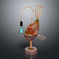 Unique Fish Sculpture With Copper Wire Red Eyes Green Texture And Light Bulb Base