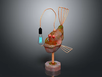 Unique Fish Sculpture With Copper Wire Red Eyes Green Texture And Light Bulb Base 3d model
