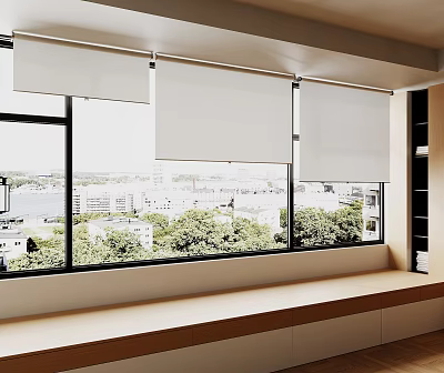 White Roller Blinds For Large Window With City And Green Tree View 3d model