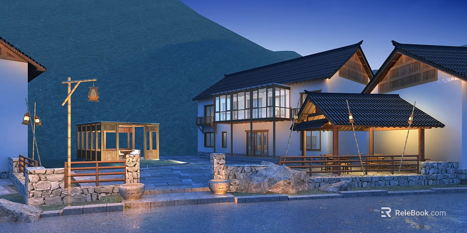 Elegant Garden Landscape With Traditional Architecture Stone Path Pond And Lanterns 3d model 