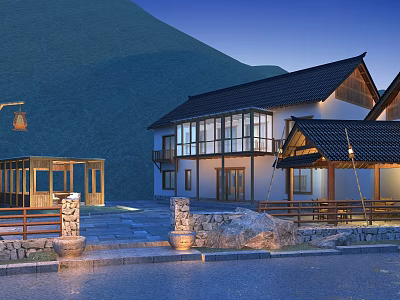 Elegant Garden Landscape With Traditional Architecture Stone Path Pond And Lanterns 3d model