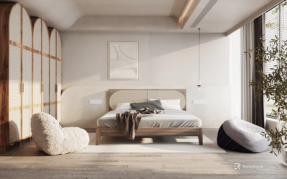 Modern Bedroom Interior With Wooden Bed Woven Headboard Decorative Painting Plush Chair And Floor Lamp 3d model 