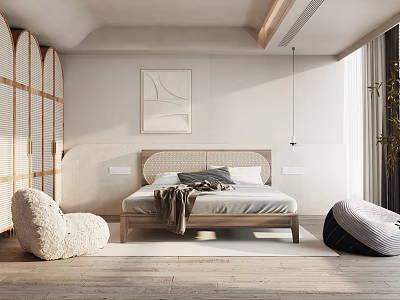 Modern Bedroom Interior With Wooden Bed Woven Headboard Decorative Painting Plush Chair And Floor Lamp 3d model