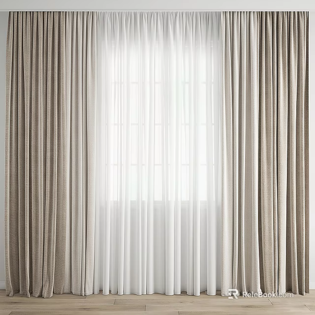 Beige Fabric Curtains With White Sheer Layers For Indoor Window Decoration 3d model 