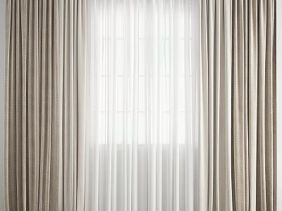 Beige Fabric Curtains With White Sheer Layers For Indoor Window Decoration 3d model