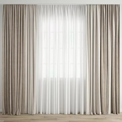 Beige Fabric Curtains With White Sheer Layers For Indoor Window Decoration 3d model