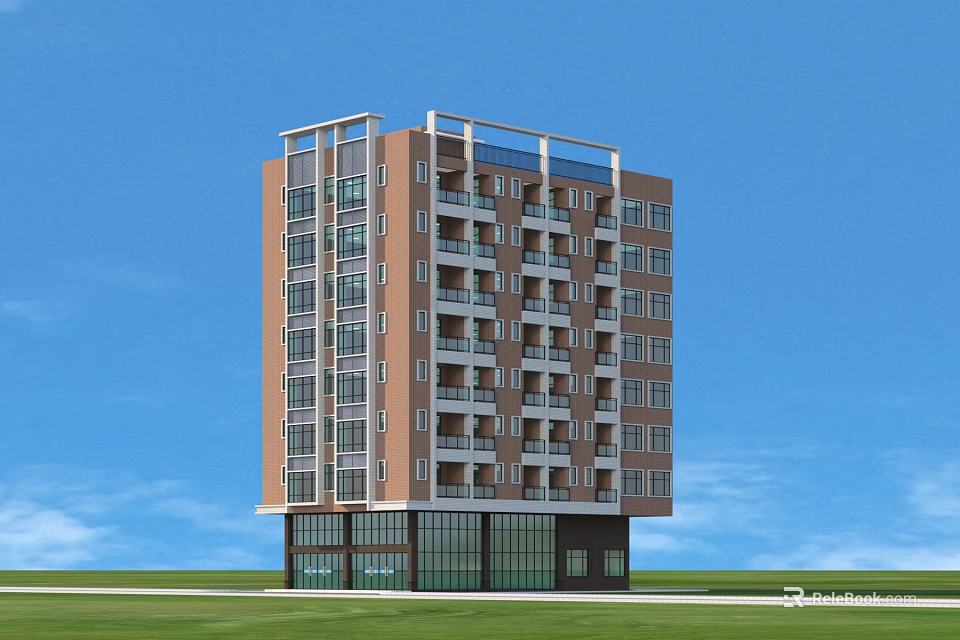 Multi Story Modern Residential Building With Balconies Glass Facade At Ground Floor Under Blue Sky 3d model 
