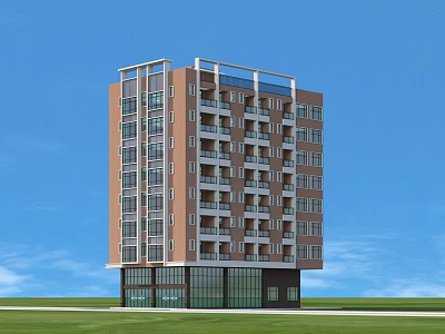 Multi Story Modern Residential Building With Balconies Glass Facade At Ground Floor Under Blue Sky 3d model