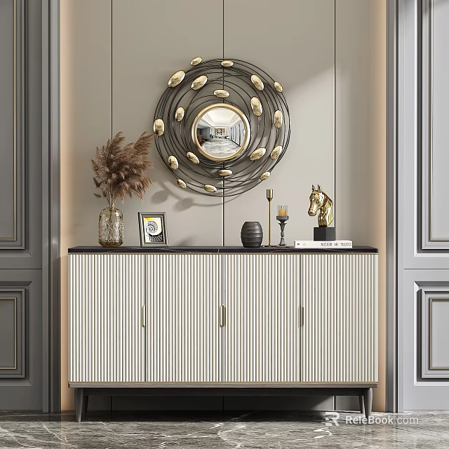 Elegant Modern Console And Side Cabinet With Round Mirror Vase And Decorative Ornaments 3d model 