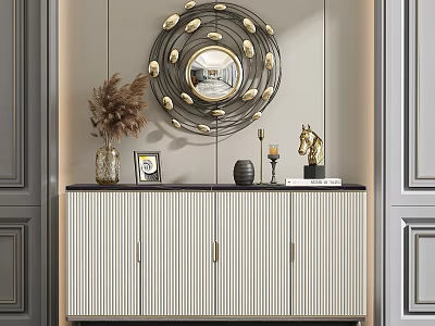Elegant Modern Console And Side Cabinet With Round Mirror Vase And Decorative Ornaments 3d model