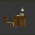 Wooden Writing Desk With Vintage Table Lamp Stack Of Books And Green Cushion Chair