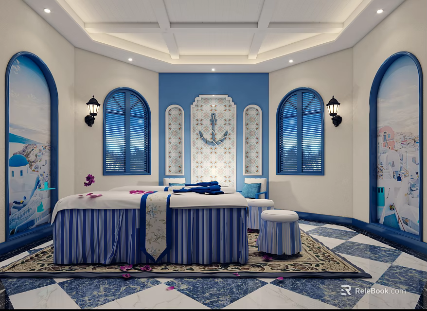 Blue And White SPA Interior With Massage Bed Arched Windows Patterned Carpet And Stool 3d model 