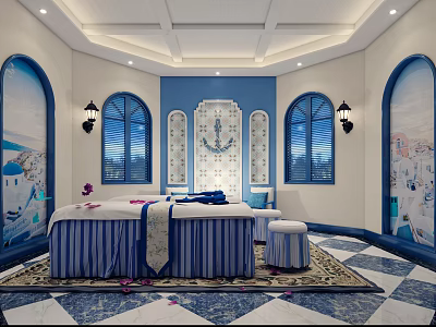 Blue And White SPA Interior With Massage Bed Arched Windows Patterned Carpet And Stool 3d model