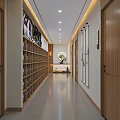 Chinese Style Elevator Hallway With White Slatted Screen Round Mirror Calligraphy Art And Potted Plant
