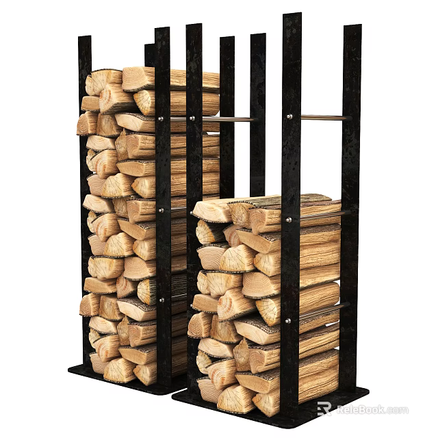 Stone And Wood Firewood Storage Rack With Neatly Stacked Logs 3d model 