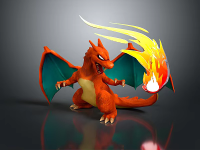 Orange Scaled Dragon With Green Wings And Sharp Claws Breathing Fiery Flame 3d model