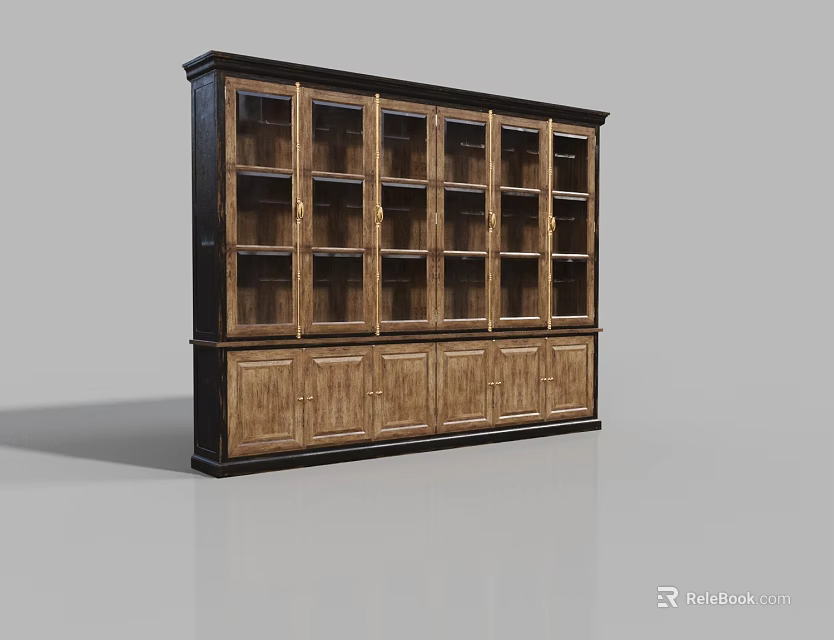 Elegant Wooden Bookcase With Neatly Arranged Glass Door Shelves And Storage Cabinets 3d model 