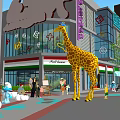 Vibrant Commercial Street With Shops Pedestrians Fountains And Cherry Blossom Trees