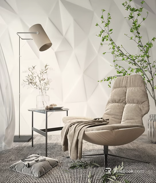 Beige Cozy Lounge Chair With Blanket Side Table Vase And Geometric White Wall Decor 3d model 