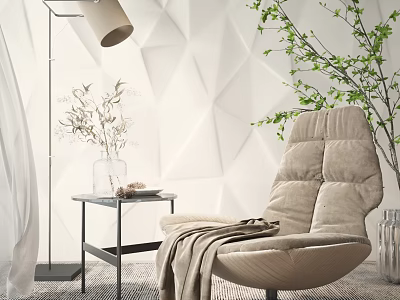 Beige Cozy Lounge Chair With Blanket Side Table Vase And Geometric White Wall Decor 3d model