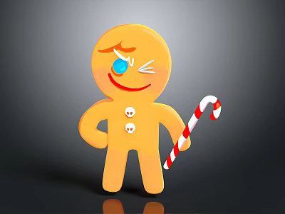 Cute Yellow Gingerbread Man Holding Candy Cane With Smiling Expression And Blue Teardrop White Buttons 3d model