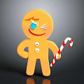 Cute Yellow Gingerbread Man Holding Candy Cane With Smiling Expression And Blue Teardrop White Buttons